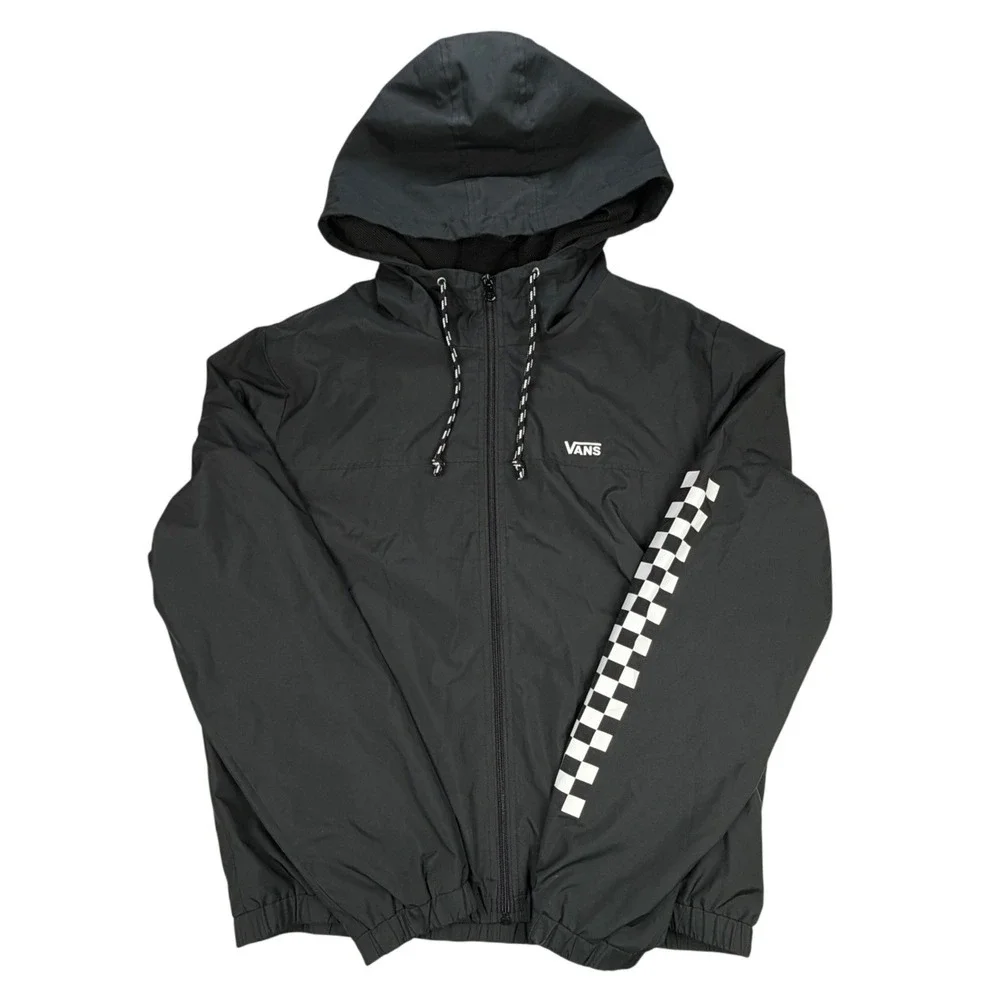 Vans Mens XL Black Checkerboard Sleeve Windbreaker Full Zip Hooded Jacket
